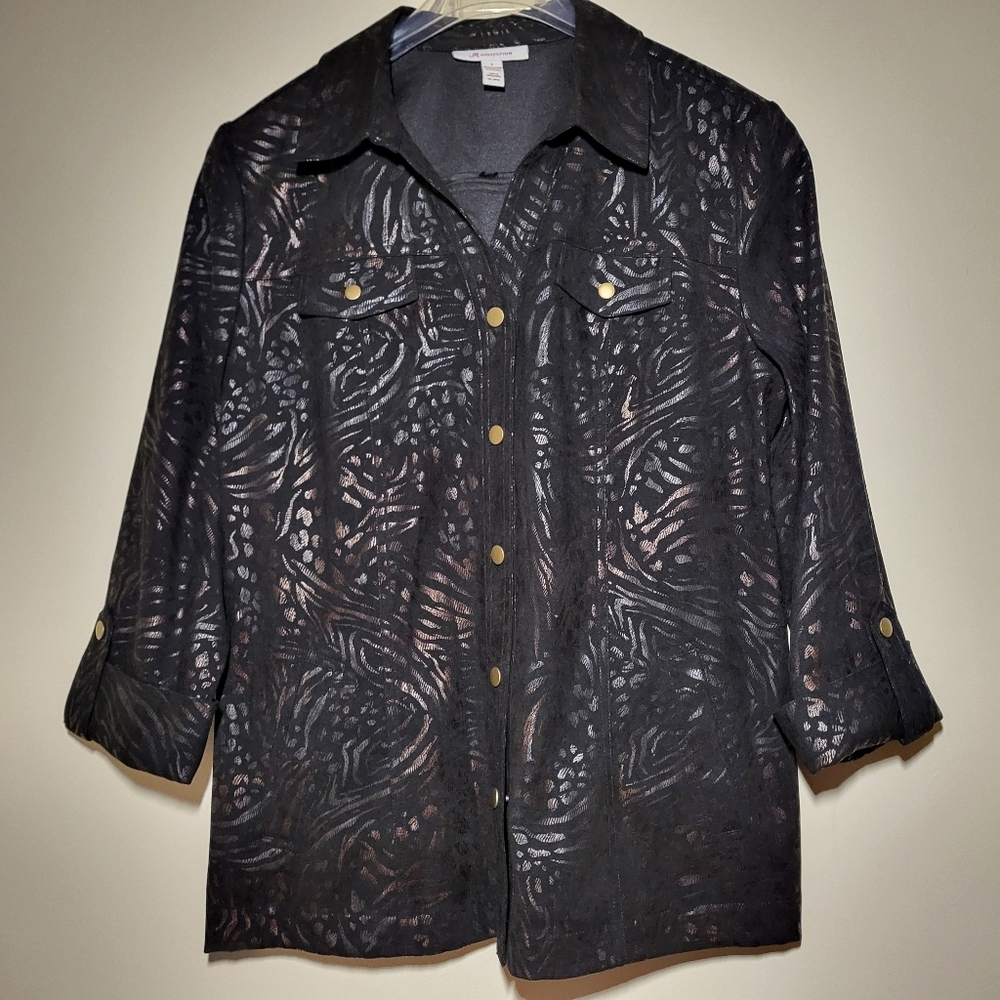 Vintage Black Button-up Blouse With Sleek, Shiny Silver And Copper Color Pattern